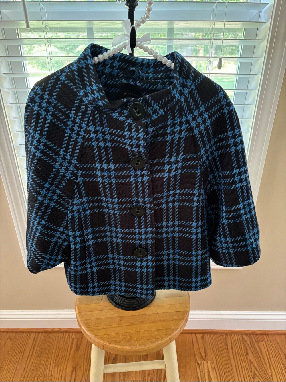 The Limited Black and Blue Plaid Cropped Cape
